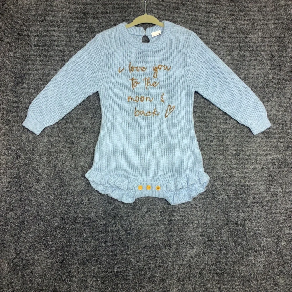 Baby Girl Knit Sweater Romper Light‎ Blue 9-12M I Love You To The Moon Cottage